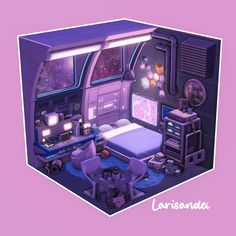 the interior of a space station with purple walls and furniture, as well as a computer desk