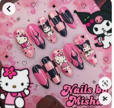 Hello Kitty And Kuromi Nails, Paznokcie Hello Kitty, Hello Kitty Nails Art, Pink Tip Nails, Fake Nails Designs, Hello Nails, Asian Nails, Hello Kitty Nails, Pretty Nail Designs