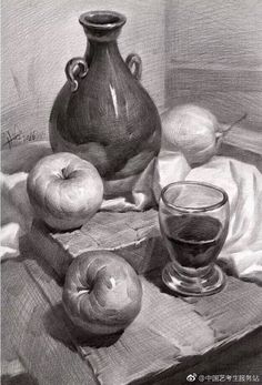 a drawing of apples and a vase on a table with a cloth next to it