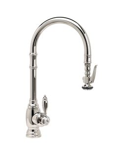 a kitchen faucet with two handles and nozzles on the side, against a white background