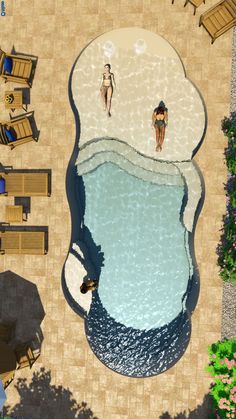 an aerial view of a swimming pool with two people in the water and chairs around it