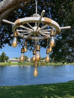 a chandelier hanging from a tree over a lake