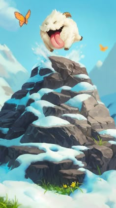 an animal jumping over a snow covered mountain with butterflies flying above it on a sunny day