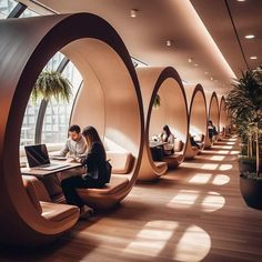 two people sitting at a table in an office setting with large circular windows and plants