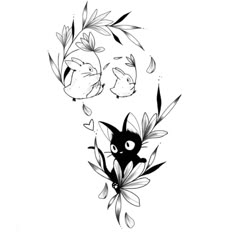 a black and white drawing of two cats with flowers on their backs, one in the middle