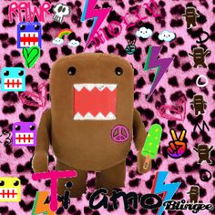 a brown stuffed animal with pink and black spots on it's face, surrounded by various stickers