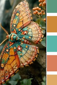 a colorful butterfly sitting on top of a leaf next to a water fall color palette