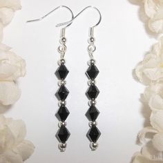 This Delicate And Dainty Minimalist Style Beaded Earring Set Is A Must Have. Brand New & Handmade By Me - Wvluckygirl. Done With Black Glass Beads And Silver Toned Costume Jewelry Beads. The Pair Dangle & Drop From 925 Sterling Silver French Fish Hook Ear Wires For Her Pierced Ears. 2 1/4 Inches Tall & Beads Are Not Quite 1/4 Inch Wide. Each Single Earring Weighs 1.2 Grams. Very Lightweight. Very Versatile Set. Wear It Anywhere. Fancy Dressing Up Or Dress Down Business Casual Style Fashion Acces Black Hoco Jewelry, Black Dress Earrings, Hoco Jewelry, Masquerade Prom, Blue Pearl Earrings, Business Casual Style, Black Dangle Earrings, Celtic Knot Jewelry, Avengers Outfits