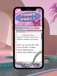 a cell phone with the text 2000's party on it next to a swimming pool