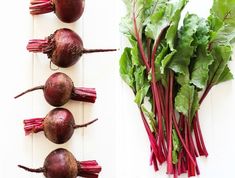 beets and greens laid out next to each other on a white surface, with the stems still attached