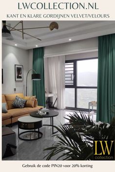 a living room filled with furniture and green curtains