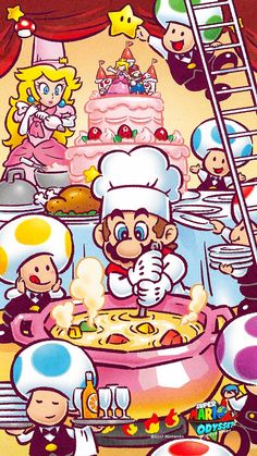 an image of a cartoon kitchen scene with chefs and other food items on the table