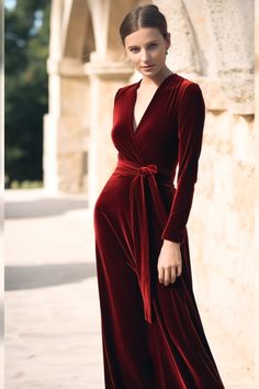 Elevate your look with our Velvet Midi Bridesmaid Dress, featuring a chic wrap neck and self-tie belt for a flattering fit. Perfect for winter weddings or formal events, this luxurious velvet gown is available in custom sizes including plus-size. Stay elegant and comfortable with long sleeves and tailored styling Elegant Long Sleeve Velvet Midi Dress, Velvet Midi Wrap Dress, Fall Midi-length Velvet Dress, Elegant Velvet V-neck Maxi Dress, Velvet Midi Velvet Long Sleeve Vintage Dresses, Elegant Evening Wear, Midi Bridesmaid Dress, Velvet Gown, Dress Wrap