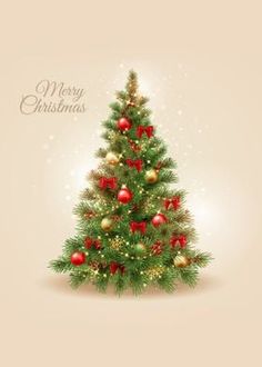 a christmas tree with red and gold ornaments on it's branches, against a beige background