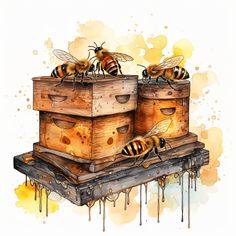 three bees sitting on top of wooden boxes with dripping watercolors behind them,