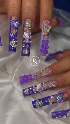 Emoji Nails, Hello Kitty Nail, Kitty Nail, Junk Nails, Kitty Nails, Purple Acrylic Nails, Retro Nails, Colored Acrylic Nails, Glow Nails