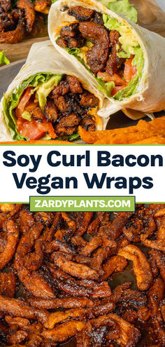 Soy curl bacon made in a frying pan then used to make vegan wraps. Vegan Lunch Recipes, Vegan Meat Recipes, Vegan Meats, Vegan Lunches, Meatless Meals, Vegan Bacon Recipes, Easy Vegan Recipes, Vegan Recipes, Vegetarian Recipes, Plant-based Recipes, Vegetarian Lunches, Vegan Food, Soy Curl Recipes. Diy Vegan Meat, Soy Curl Bacon, Soy Chunks Recipes Vegan, Vegan Soy Curls Recipes, Tvp Recipes Vegan, Soy Curls Recipes Vegan, Soy Curl Recipes, Vegan Meat Alternatives, Vegan Bacon Recipe