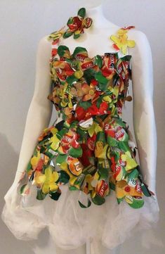 a dress made out of candy wrap and flowers