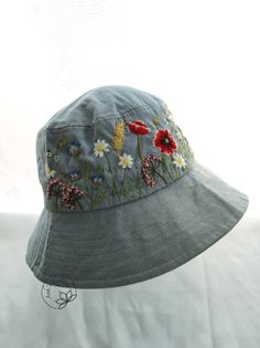 Hand Embroidery Poppies and Cornflowers Bucket Hat - Etsy Vietnam Embroidered Summer Hat With Short Brim, Summer Brimmed Hats With Embroidery, Summer Embroidered Short Brim Hat, Embroidered Summer Bucket Sun Hat, Spring Embroidered Brimmed Hat, Embroidered Brimmed Spring Hats, Summer Embroidered Brimmed Bucket Hat, Embroidered Brimmed Bucket Hat For Summer, Custom Embroidered Summer Hats With Adjustable Fit