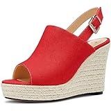 Amazon.com | Alexis Leroy Women's Summer T-Straps Buckle Design Fashion Wedge Heel Sandals Red 9-9.5 M US | Platforms & Wedges