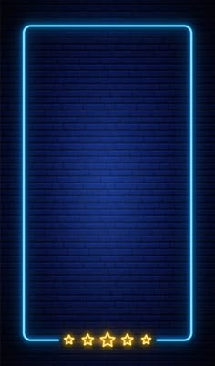 a blue neon frame with five stars in the middle on a dark brick wall background