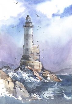 a watercolor painting of a lighthouse in the ocean with birds flying over it and waves crashing around