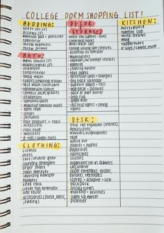 the college dorm shopping list is shown in red and yellow on top of a notebook