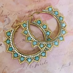 Gemstone Earrings Large Larimar Hoop Earrings Handmade Jewelry Gift for Her by WorkofHeart on Etsy Mexican Jewelry Traditional, Diy Earrings Studs, Diy Resin Earrings, Hoop Earrings Handmade, Gemstone Hoop Earrings, Earrings Large