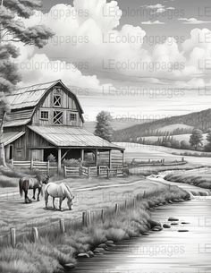 black and white drawing of horses in front of a barn by a stream with water