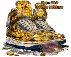 a pair of sneakers with gold and silver paint on them, sitting next to some coins