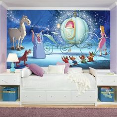 a child's bedroom decorated with disney princess wallpaper and horse drawn sleigh