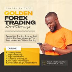 a man in an orange shirt is looking at his cell phone and has the text golden forex trading on it