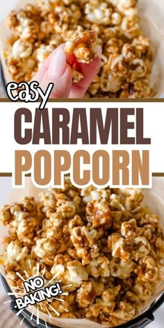 caramel popcorn in a bowl with text overlay