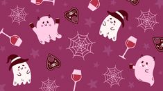 seamless halloween pattern with ghostes and wine glasses on purple background for wallpaper