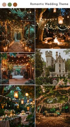 a collage of photos with lights and trees in the background, including an outdoor dining area