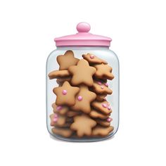 a jar filled with lots of cookies on top of a white table next to a pink lid