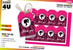 pink zebra printable party favors with name tags