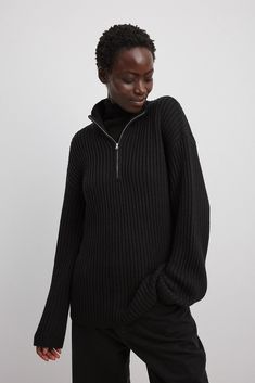 High Neck Zipped Knitted Sweater Black | NA-KD Sweater With Zipper, Pull Over Sweater, I Want To Live, Cozy Chic, Polo Neck, Na Kd, Denim Jumpsuit, Knitted Sweater, Black Sweaters