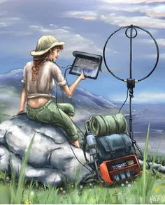 a painting of a woman sitting on top of a rock with an electronic device in her hand