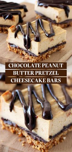 chocolate peanut butter pretzel cheesecake bars on a cutting board with text overlay