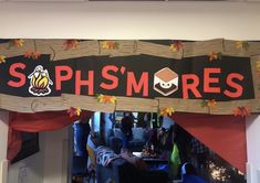 there is a sign that says phsmores hanging from the ceiling