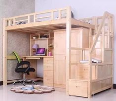 a loft bed with desk underneath it in a room that has carpeted flooring