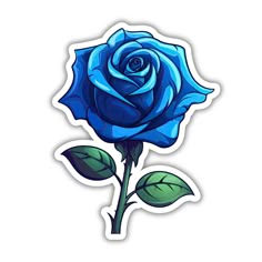 a blue rose with green leaves sticker on the side of a white background,