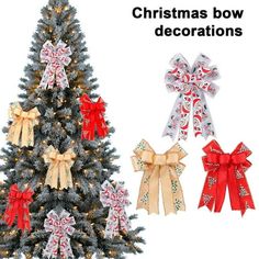 a christmas tree decorated with bows and candy canes is shown in three different colors