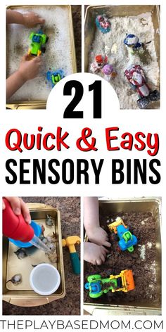 kids are playing with their toys in the sand and playdoun bins for quick and easy learning