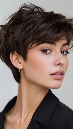 #hairy #hairstyling #hairvideo #hairinspiration #hairporn #hairlove #hairvideos #hairbrained Long Wavy Pixie Haircut, Short Hairstyle Women Pixie Cut, Short Pixie Hairstyle Women, Pixie 2024, Pretty Haircuts, Brunette Pixie, Curly Pixie Haircuts