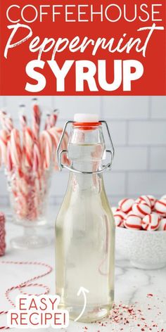 coffeehouse peppermint syrup in a glass bottle with candy canes