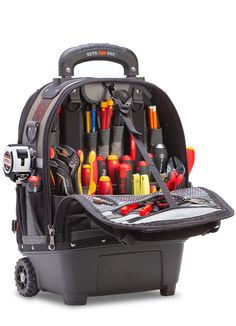 a tool bag with tools in it on a white background