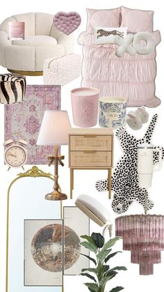 a collage of pink and white items including a chair, mirror, lamp, table with pictures on it