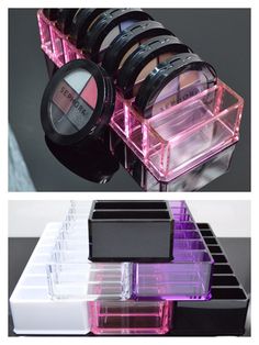 clear and transparent colored acrylic makeup compact holders and beauty care organizer - holds up to 8 compacts. makeup storage/organization. Walmart Makeup, Mirror Lights, Organizer Diy, Makeup Storage Organization, Care Organization, Beauty Organization, Make Up Organiser